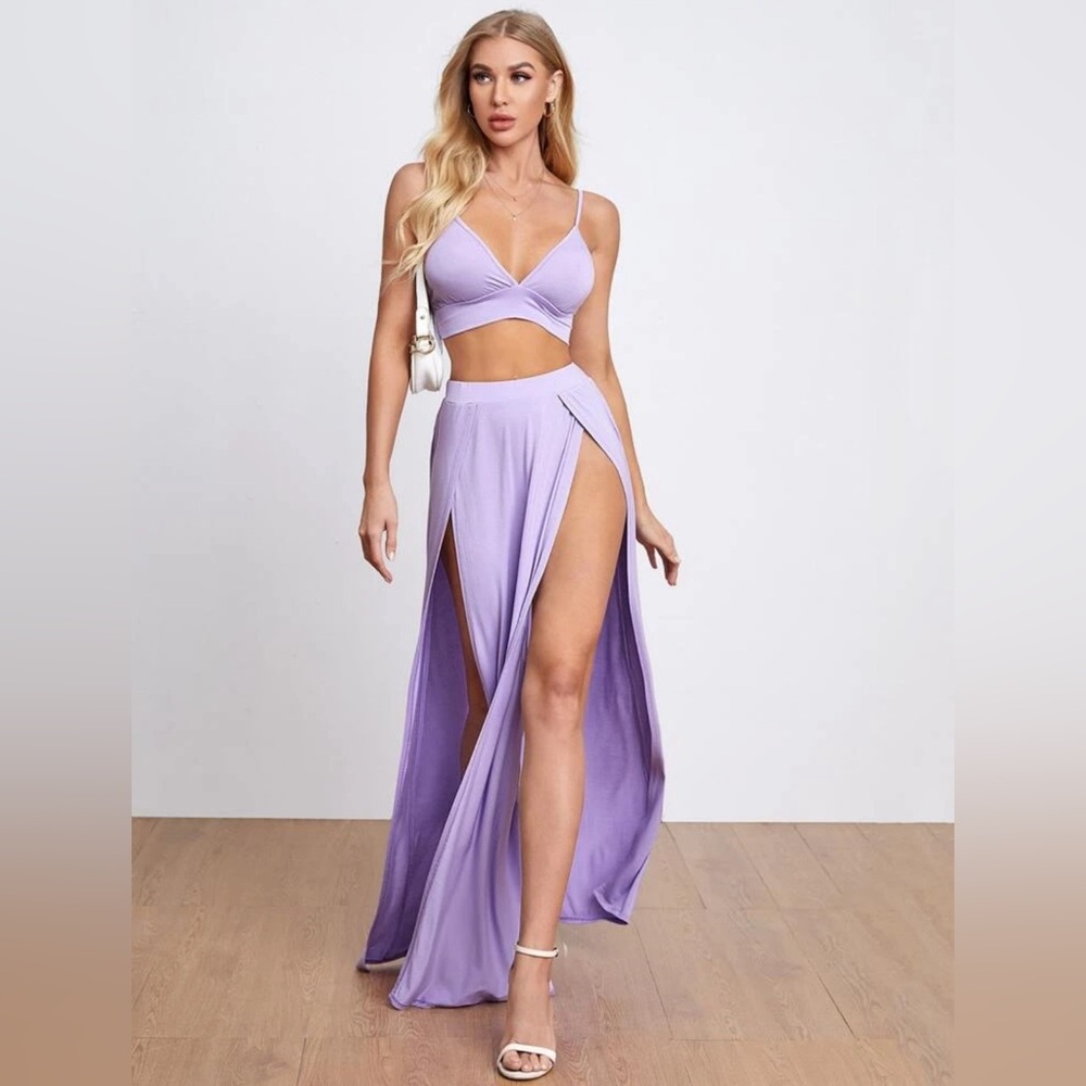 Lavender Bralette Crop Top Double Slit Maxi Skirt Set Small